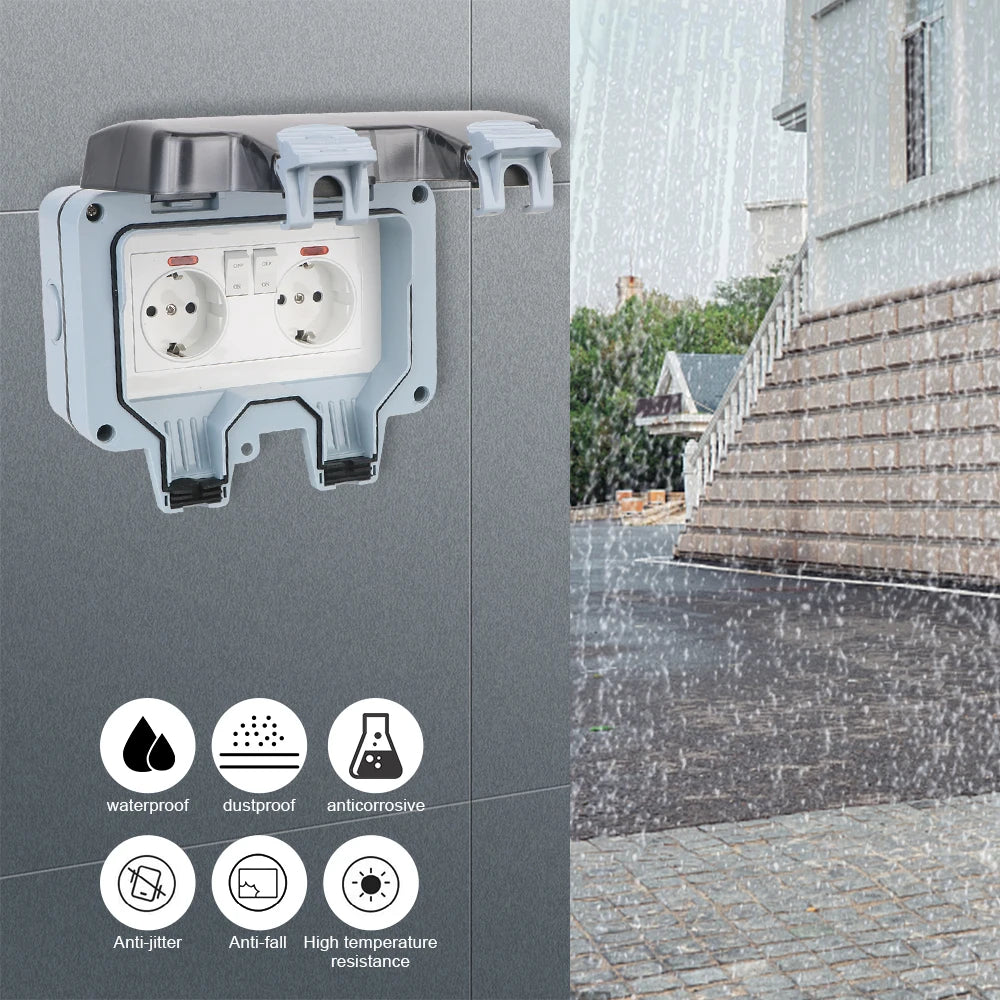 Enchufe de pared doble UE impermeable para exteriores: toma de corriente de 16 A con interruptor y USB-C