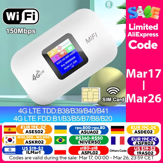 Enrutador LTE 4G, módem portátil inalámbrico Wifi, minipunto de acceso para exteriores, MiFi de bolsillo, 150 Mbps, ranura para tarjeta SIM, repetidor, 3000 mAh
