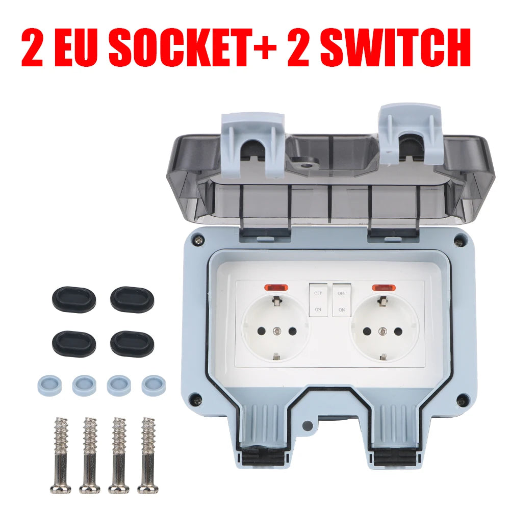 Enchufe de pared doble UE impermeable para exteriores: toma de corriente de 16 A con interruptor y USB-C