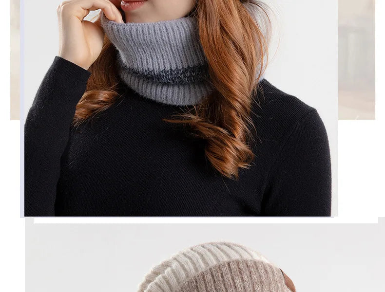 Winter Women Beanies & Snood Set – Two-Tone Knitted Hat and Scarf