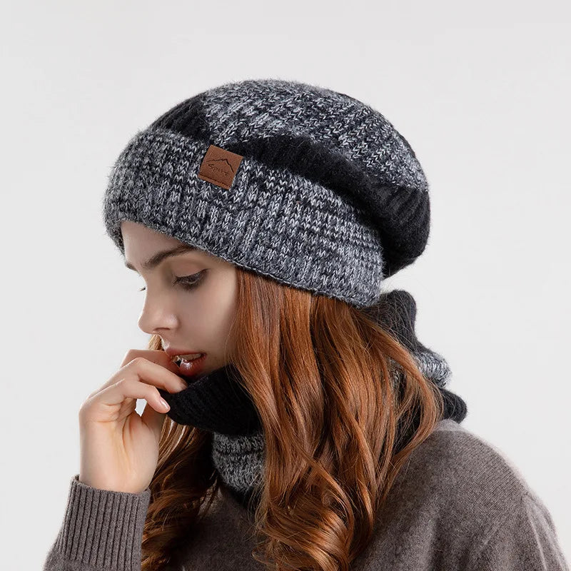 Winter Women Beanies & Snood Set – Two-Tone Knitted Hat and Scarf