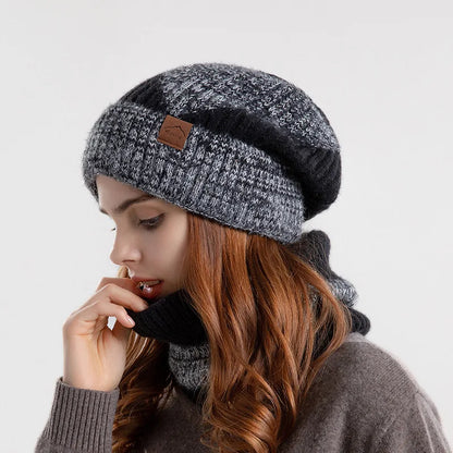 Winter Women Beanies & Snood Set – Two-Tone Knitted Hat and Scarf