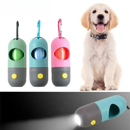 Dispensador portátil de bolsas para excrementos de perro con luz LED – Soporte para bolsas de excrementos de exterior con clip para paseos y senderismo