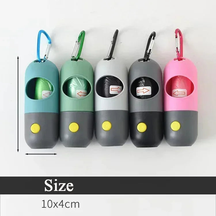 Dispensador portátil de bolsas para excrementos de perro con luz LED – Soporte para bolsas de excrementos de exterior con clip para paseos y senderismo