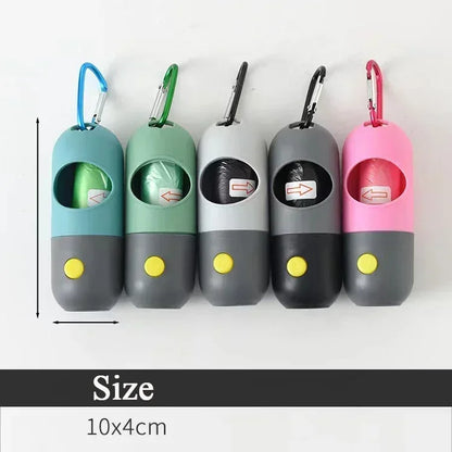 Dispensador portátil de bolsas para excrementos de perro con luz LED – Soporte para bolsas de excrementos de exterior con clip para paseos y senderismo