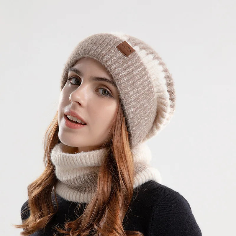 Winter Women Beanies & Snood Set – Two-Tone Knitted Hat and Scarf