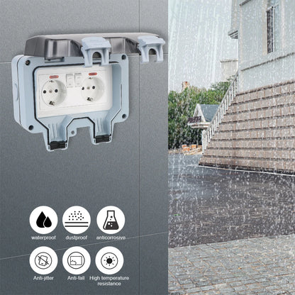 Enchufe de pared doble UE impermeable para exteriores: toma de corriente de 16 A con interruptor y USB-C