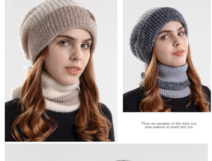 Winter Women Beanies & Snood Set – Two-Tone Knitted Hat and Scarf