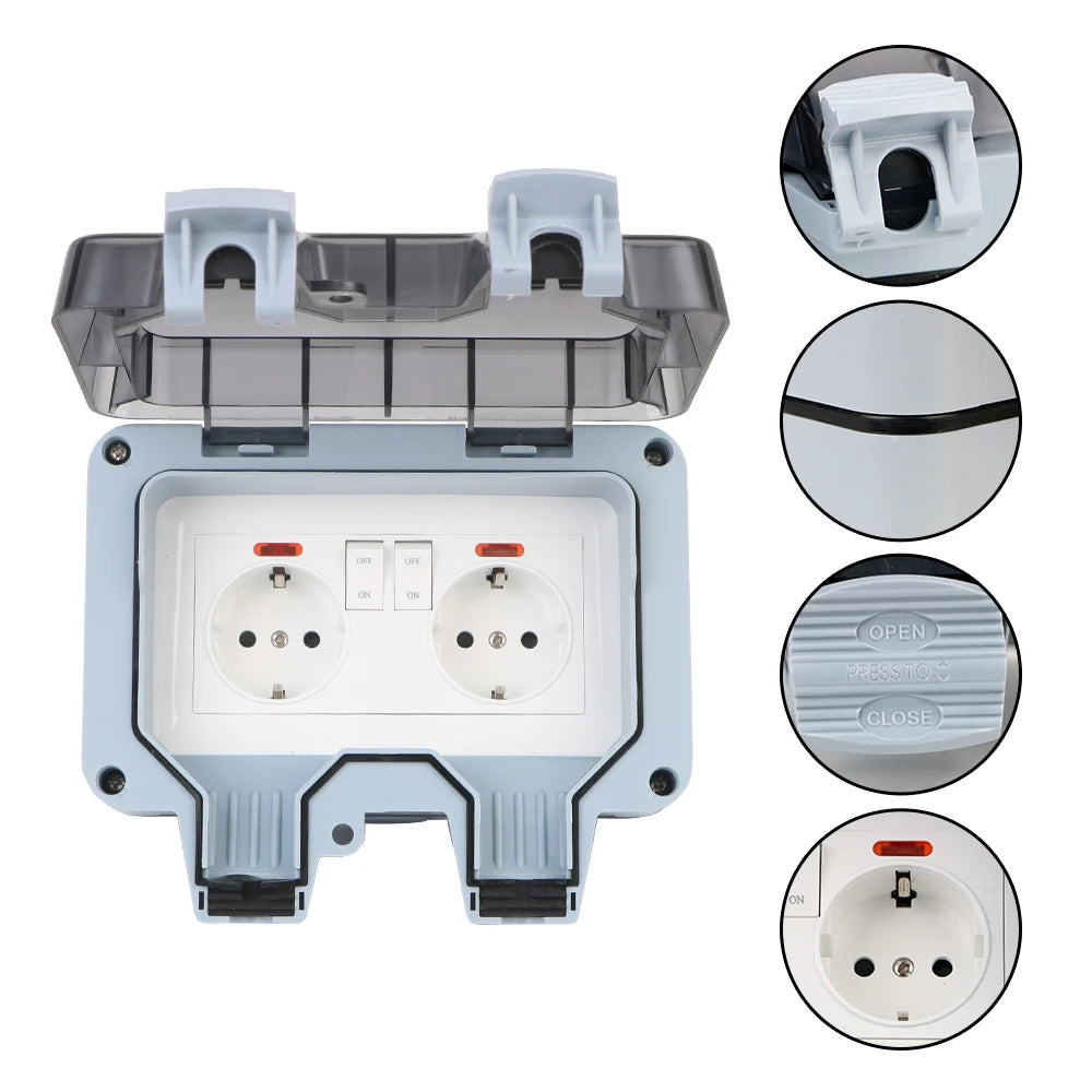 Enchufe de pared doble UE impermeable para exteriores: toma de corriente de 16 A con interruptor y USB-C