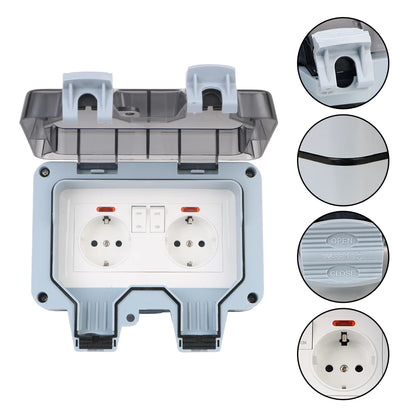 Enchufe de pared doble UE impermeable para exteriores: toma de corriente de 16 A con interruptor y USB-C