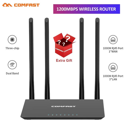 Router WiFi de doble banda COMFAST AC1200: Router inalámbrico MU-MIMO de 1200 Mbps con 4 antenas de 5 dBi (2,4 GHz y 5,8 GHz)