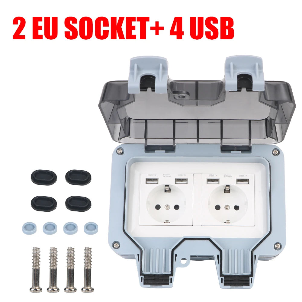 Enchufe de pared doble UE impermeable para exteriores: toma de corriente de 16 A con interruptor y USB-C