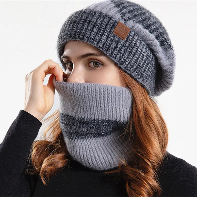 Winter Women Beanies & Snood Set – Two-Tone Knitted Hat and Scarf