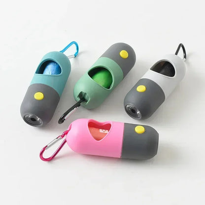 Dispensador portátil de bolsas para excrementos de perro con luz LED – Soporte para bolsas de excrementos de exterior con clip para paseos y senderismo