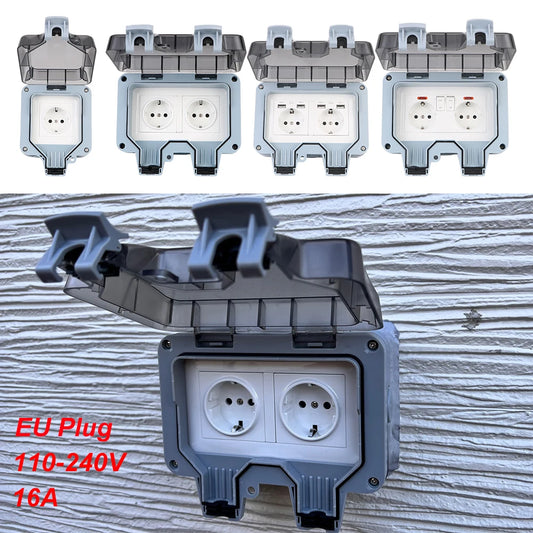 Enchufe de pared doble UE impermeable para exteriores: toma de corriente de 16 A con interruptor y USB-C