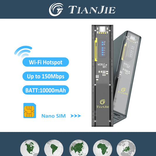 TIANJIE MF310 MiFi con punto de acceso Wi-Fi, Wi-Fi móvil SIM, enrutador Wi-Fi portátil 4G LTE de 10000 mAh, alta velocidad de 150 Mbps para viajes globales