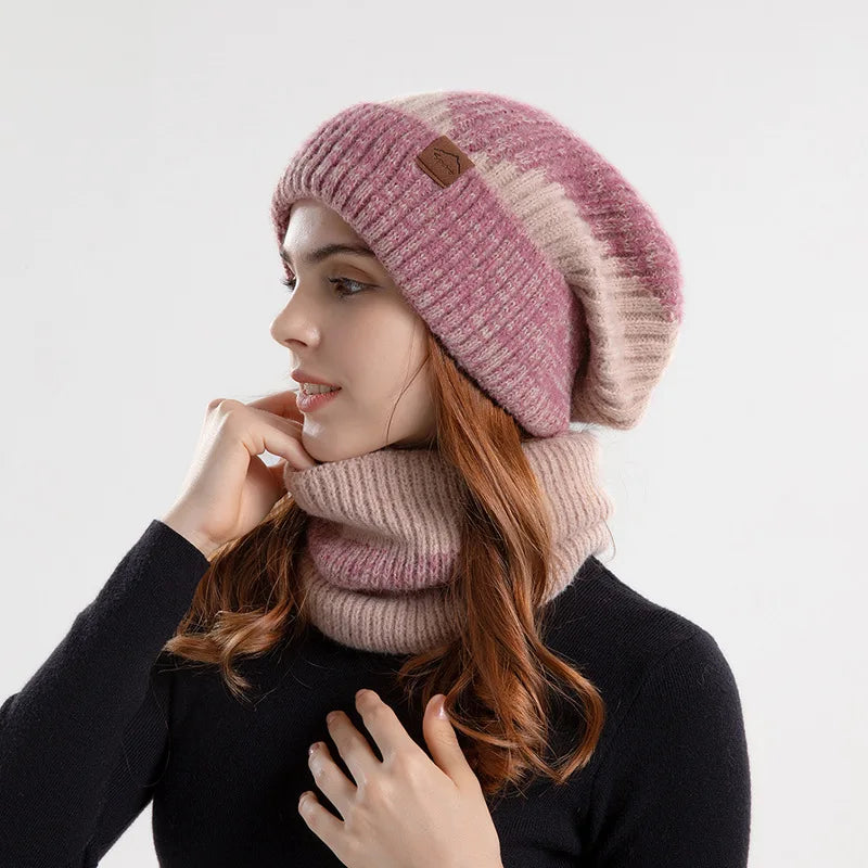 Winter Women Beanies & Snood Set – Two-Tone Knitted Hat and Scarf
