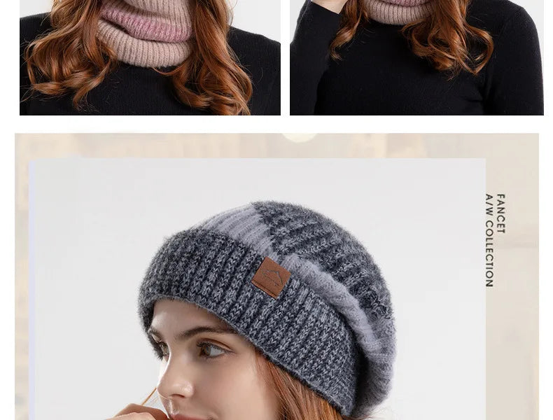 Winter Women Beanies & Snood Set – Two-Tone Knitted Hat and Scarf