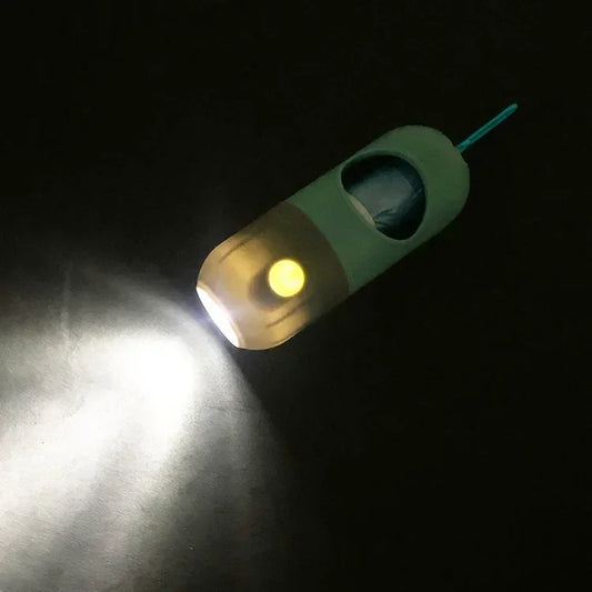 Dispensador portátil de bolsas para excrementos de perro con luz LED – Soporte para bolsas de excrementos de exterior con clip para paseos y senderismo