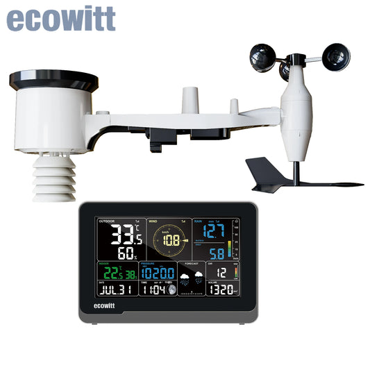 Estación meteorológica Wi-Fi Ecowitt WS3900 con pantalla LCD a color de 7,5" - Kit de sensores para exteriores 7 en 1. Conjunto de sensores solares para exteriores, compatible con IoT.
