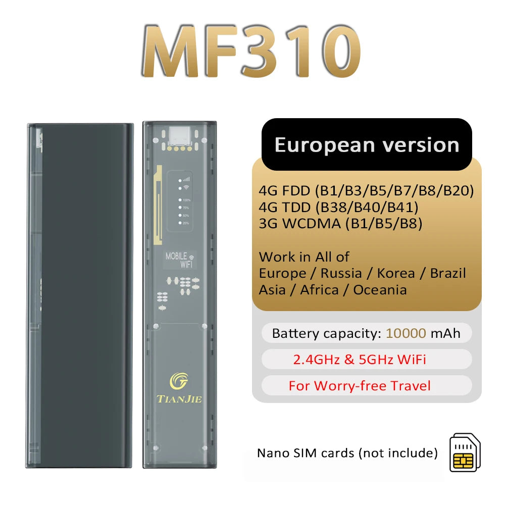 TIANJIE MF310 MiFi con punto de acceso Wi-Fi, Wi-Fi móvil SIM, enrutador Wi-Fi portátil 4G LTE de 10000 mAh, alta velocidad de 150 Mbps para viajes globales